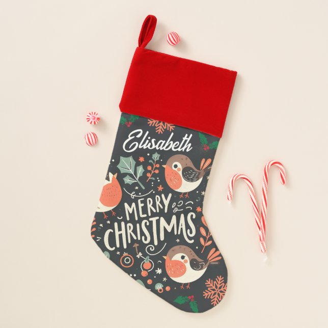 Cute fluffy Antler Santa Kids Name Christmas Stocking (Front)