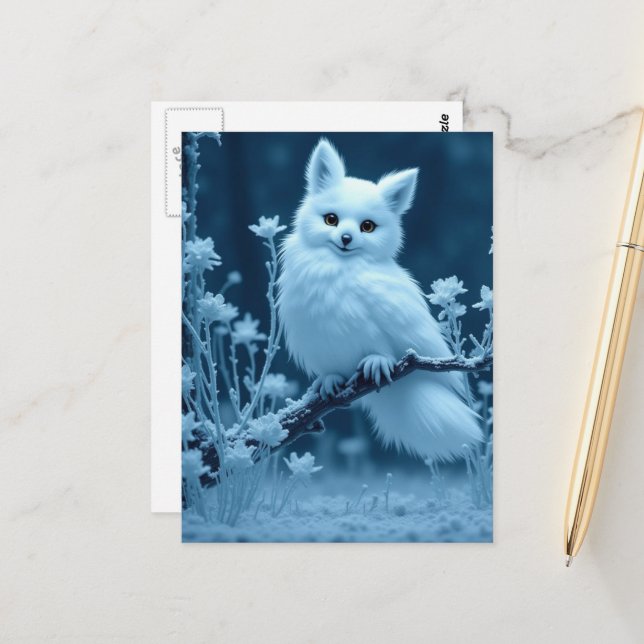 Cute Fluffy Arctic Fox Owl Hybrid Fantasy Critter Postcard (Front/Back In Situ)