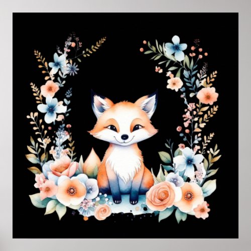 CUTE FLUFFY BABY FOX FLORAL NURSERY WALL ART 