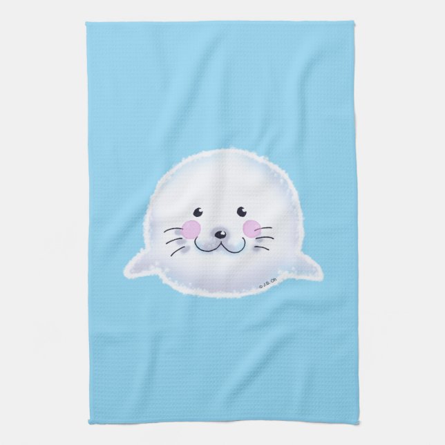Cute Fluffy Baby Seal Illustration Kitchen Towel (Vertical)