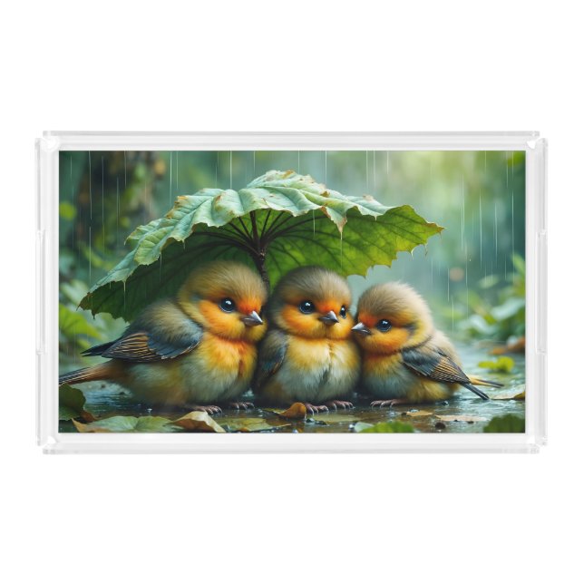 Cute fluffy birds hiding under leaf in rain acrylic tray (Front)