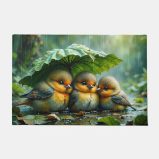 Cute fluffy birds hiding under leaf in rain doormat