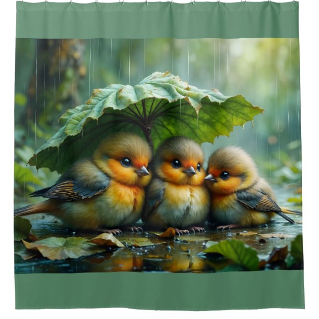Cute fluffy birds hiding under leaf in rain shower curtain (Front)