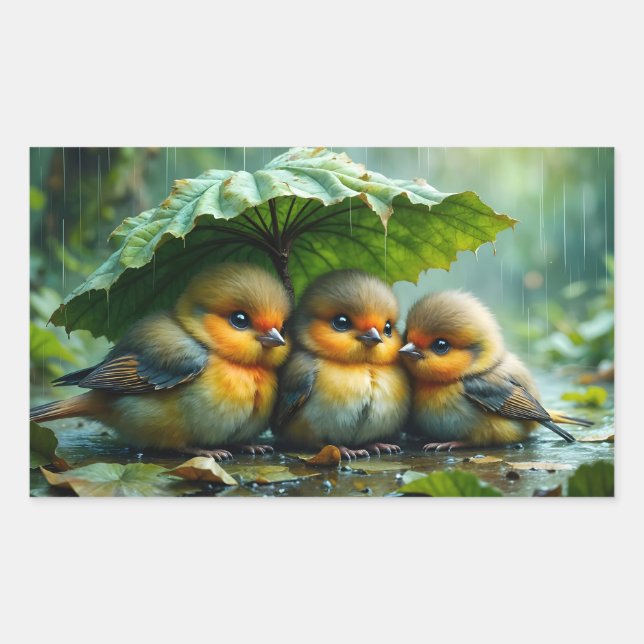 Cute fluffy birds in rain rectangular sticker (Front)