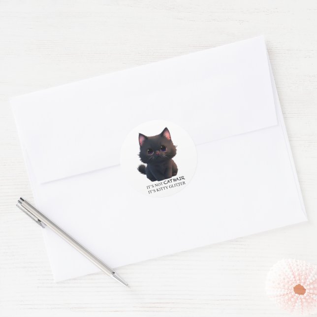 Cute fluffy black cat classic round sticker (Envelope)