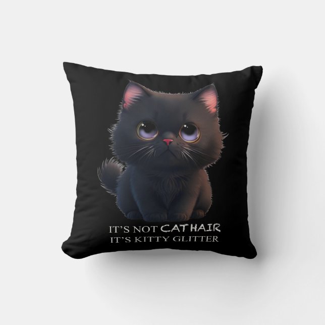 Cute fluffy black cat throw pillow (Front)