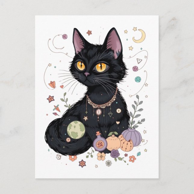 Cute Fluffy Black Cat With Magical Gifts Postcard (Front)