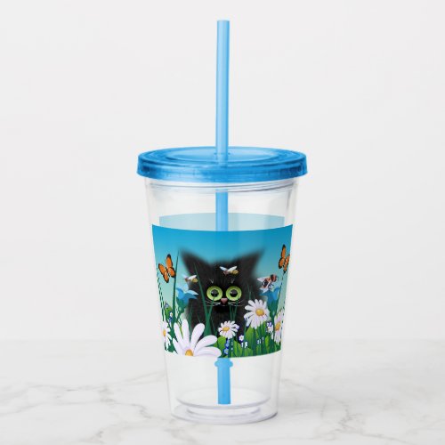 Cute Fluffy Black Kitten and Daisies Art Acrylic Tumbler