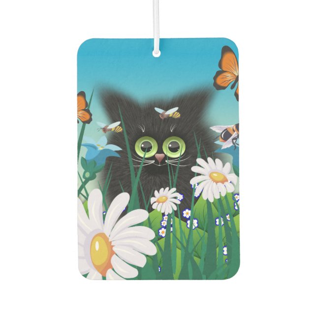 Cute Fluffy Black Kitten and Daisies Art Air Freshener (Front)
