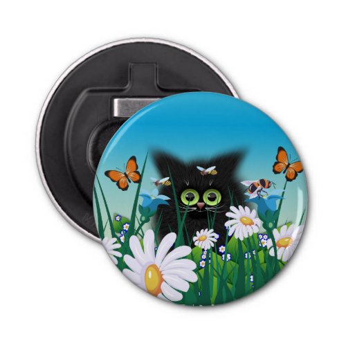 Cute Fluffy Black Kitten and Daisies Art Bottle Opener