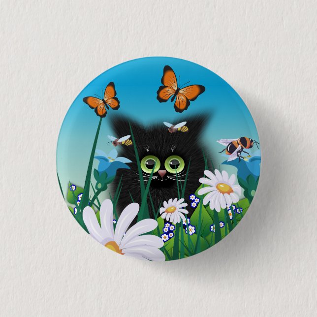Cute Fluffy Black Kitten and Daisies Art Button (Front)
