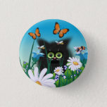 Cute Fluffy Black Kitten And Daisies Art Button at Zazzle