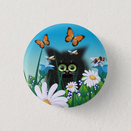 Cute Fluffy Black Kitten And Daisies Art Button