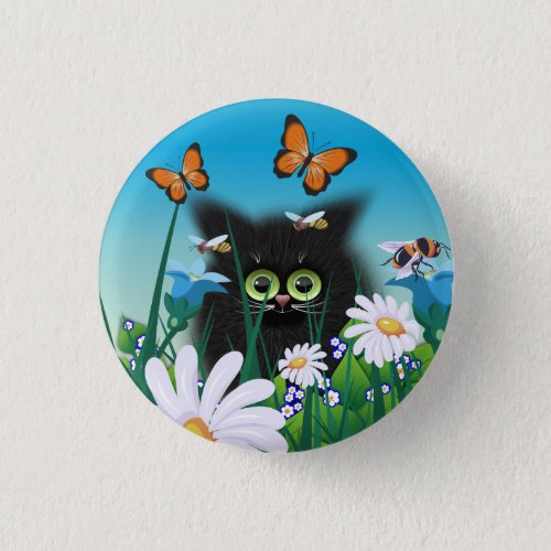 Cute Fluffy Black Kitten and Daisies Art Button