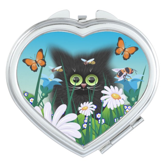 Cute Fluffy Black Kitten and Daisies Art Compact Mirror (Front)