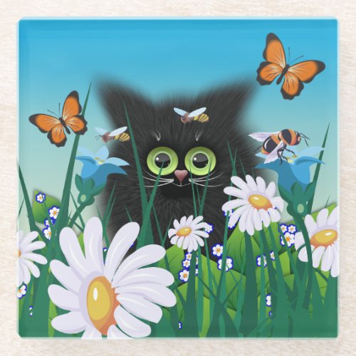 Cute Fluffy Black Kitten and Daisies Art Glass Coaster