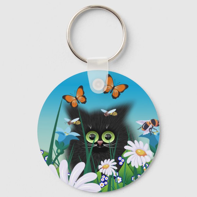 Cute Fluffy Black Kitten and Daisies Art Keychain (Front)