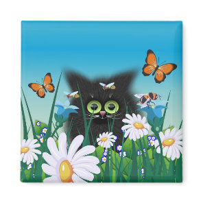 Cute Fluffy Black Kitten and Daisies Art Magnet