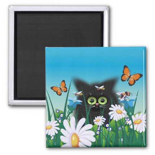 Cute Fluffy Black Kitten and Daisies Art Magnet