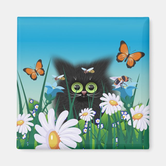 Cute Fluffy Black Kitten and Daisies Art Magnet (Front)