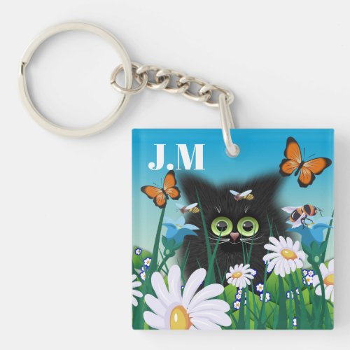 Cute Fluffy Black Kitten and Daisies Art Monogram Keychain