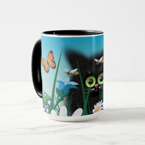 Cute Fluffy Black Kitten and Daisies Art Mug