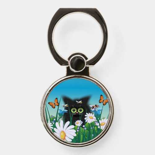 Cute Fluffy Black Kitten and Daisies Art Phone Ring Stand