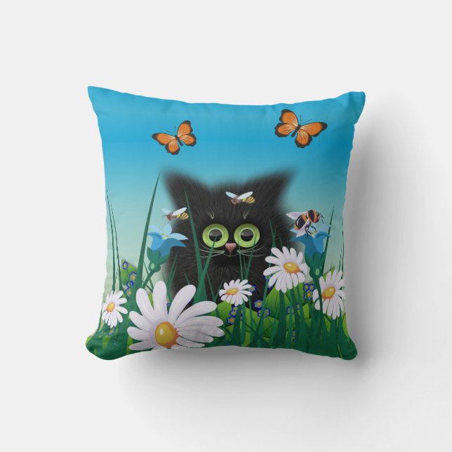 Cute Fluffy Black Kitten and Daisies Art Throw Pillow (Front)