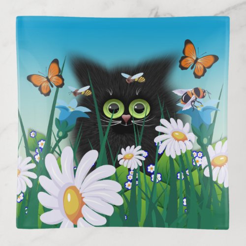 Cute Fluffy Black Kitten and Daisies Art Trinket Tray