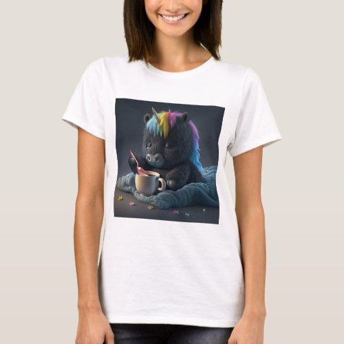 Cute fluffy black rainbow unicorn T_Shirt