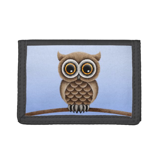 Cute Fluffy Brown Owl on a Branch, Light Blue Wallet (Front)