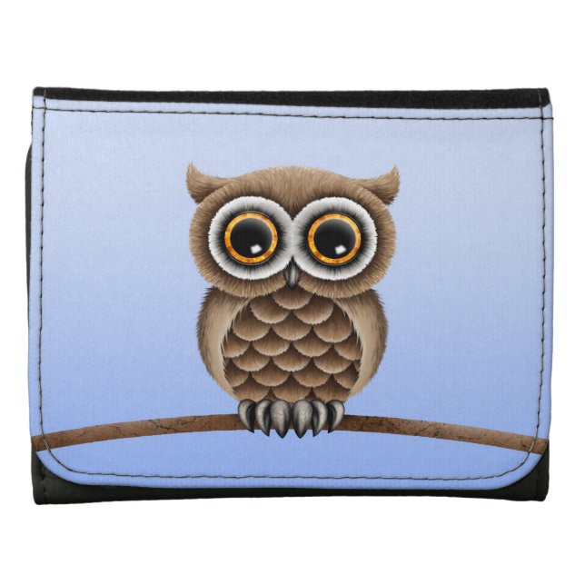 Cute Fluffy Brown Owl on a Branch, Light Blue Wallet (Front)