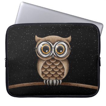 Cute Fluffy Brown Owl With Reading Glasses & Stars Laptop Sleeve by crazycreatures at Zazzle