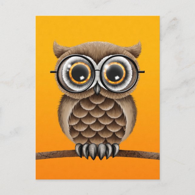 Cute Fluffy Brown Owl with Reading Glasses, Yellow Postcard (Front)