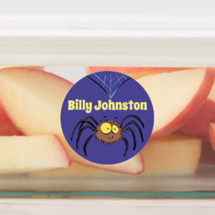 Cute fluffy brown spider on web cartoon labels