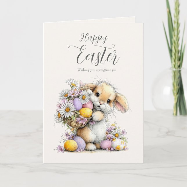 Cute Fluffy Bunny with Egg Basket Easter Card (Front)