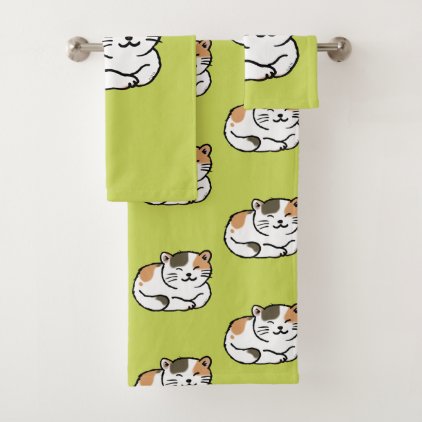 cute fluffy calico orange and black cat bath towel set