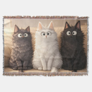 Cute Fluffy Cartoon Cats Gray White & Black Throw Blanket