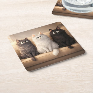 Cute Fluffy Cartoon Cats Whimsical Drink Square Paper Coaster