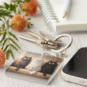 Cute Fluffy Cartoon Cats Whimsical Pet Accessory Keychain