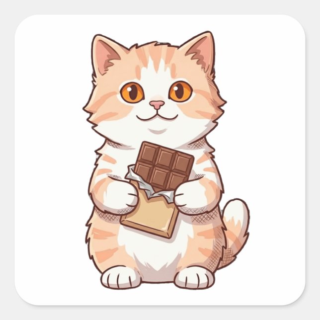 Cute Fluffy Cat Eating Chocolate Bar Cartoon Square Sticker (Front)