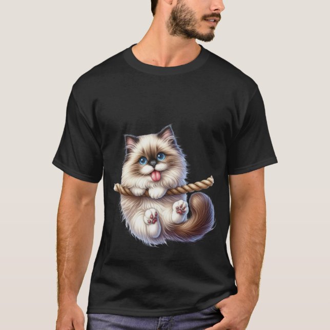 Cute Fluffy Cat Hanging on Rope Playful Art ✨🐾🪢 T-Shirt (Front)