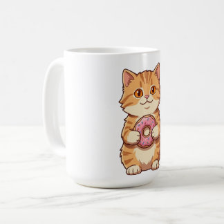 Cute Fluffy Cat Holding Pink Donut Cartoon Coffee Mug