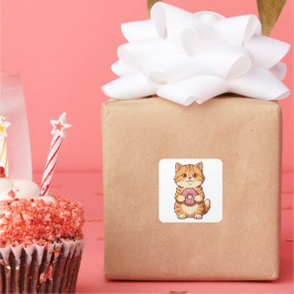 Cute Fluffy Cat Holding Pink Donut Cartoon Square Sticker