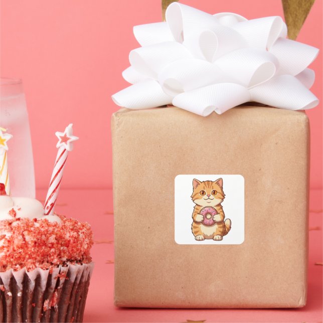 Cute Fluffy Cat Holding Pink Donut Cartoon Square Sticker (Party)