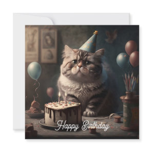 Cute fluffy cat with birthday cake and balloons card