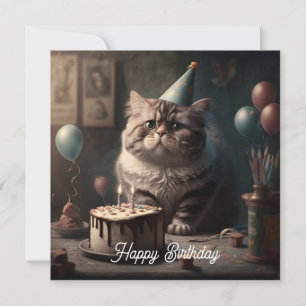 Cute fluffy cat with birthday cake and balloons card