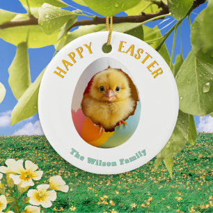 Cute Fluffy Chick Egg Hatching Personalized Easter Ceramic Ornament