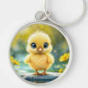 Cute fluffy chick with big eyes standing on a rock keychain
