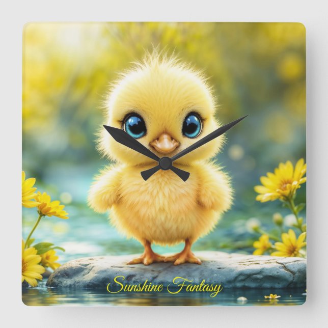 Cute fluffy chick with big eyes standing on a rock square wall clock (Front)